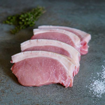 Uckermärker Duroc Jungschweinerücken mit Schwarte Scheibe